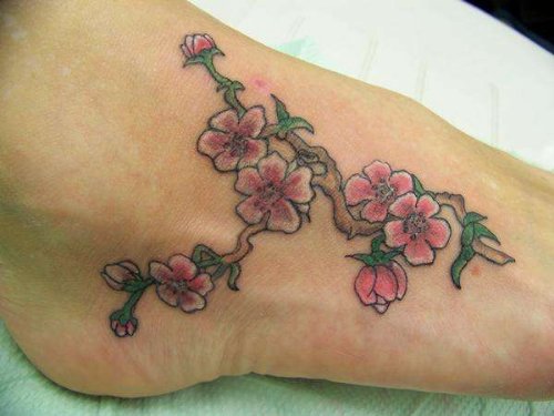 Color Cherry Blosoom Tattoo On Right Foot